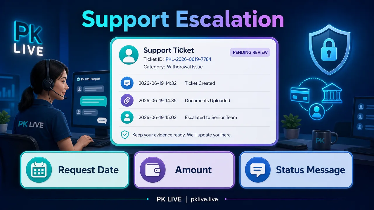 PK LIVE support escalation record with request date amount and status message