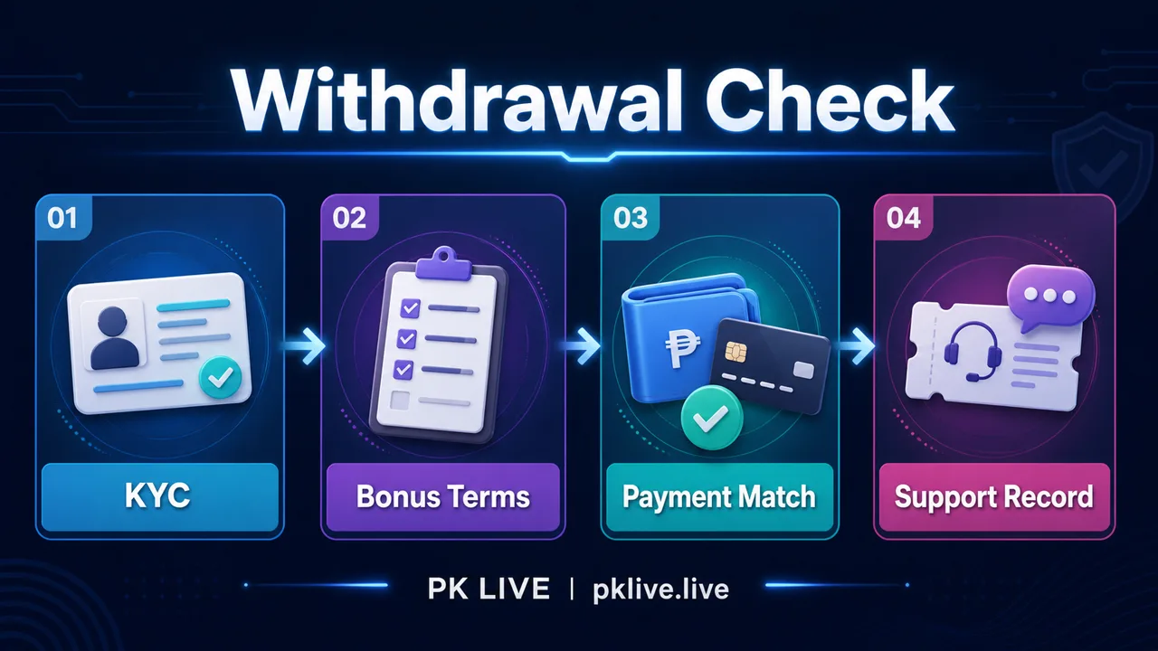 PK LIVE withdrawal checklist showing KYC bonus terms payment match and support record