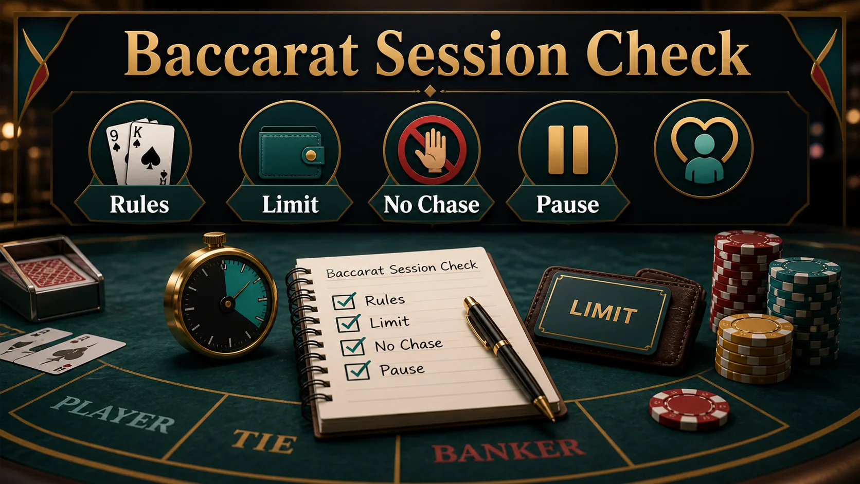 PKLIVE baccarat session checklist with rules limit no chase and pause reminders