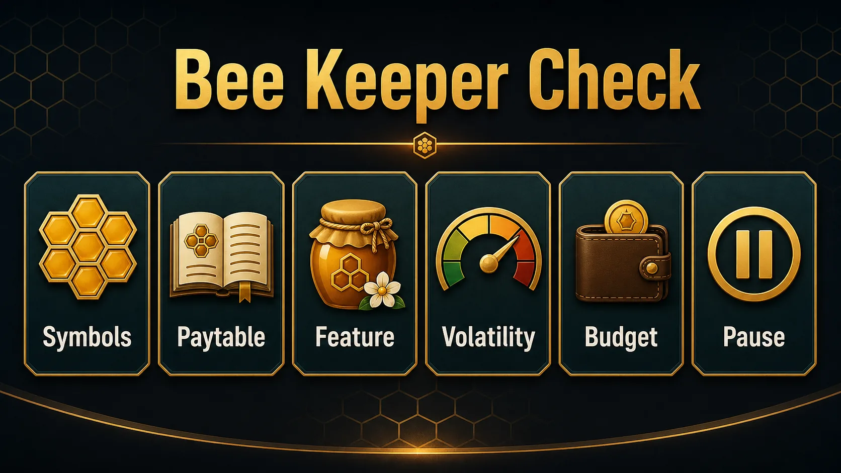 PKLIVE Bee Keeper checklist showing symbols paytable feature volatility budget and pause reminders