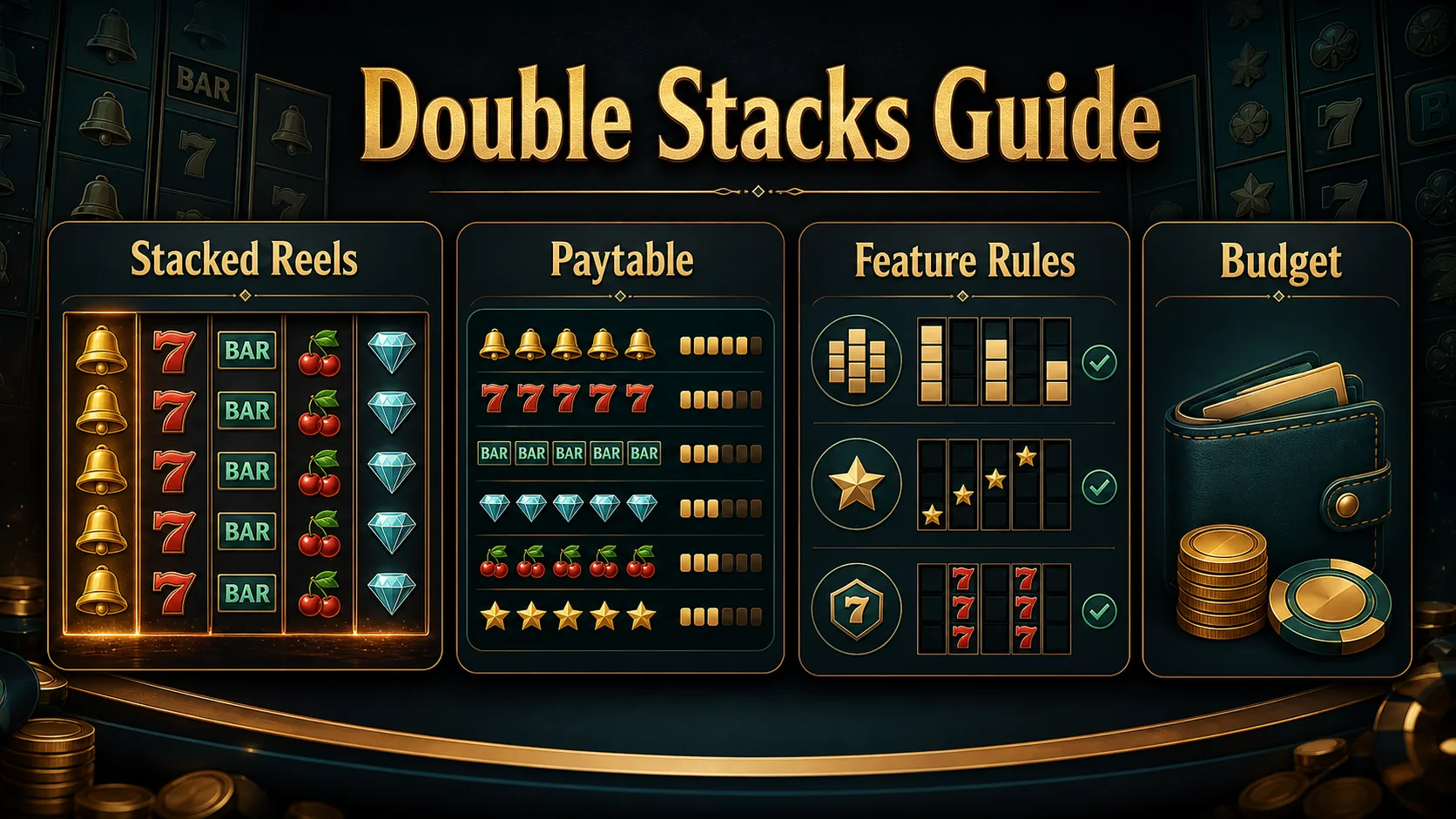 PKLIVE Double Stacks guide showing stacked reels paytable feature rules and budget checks
