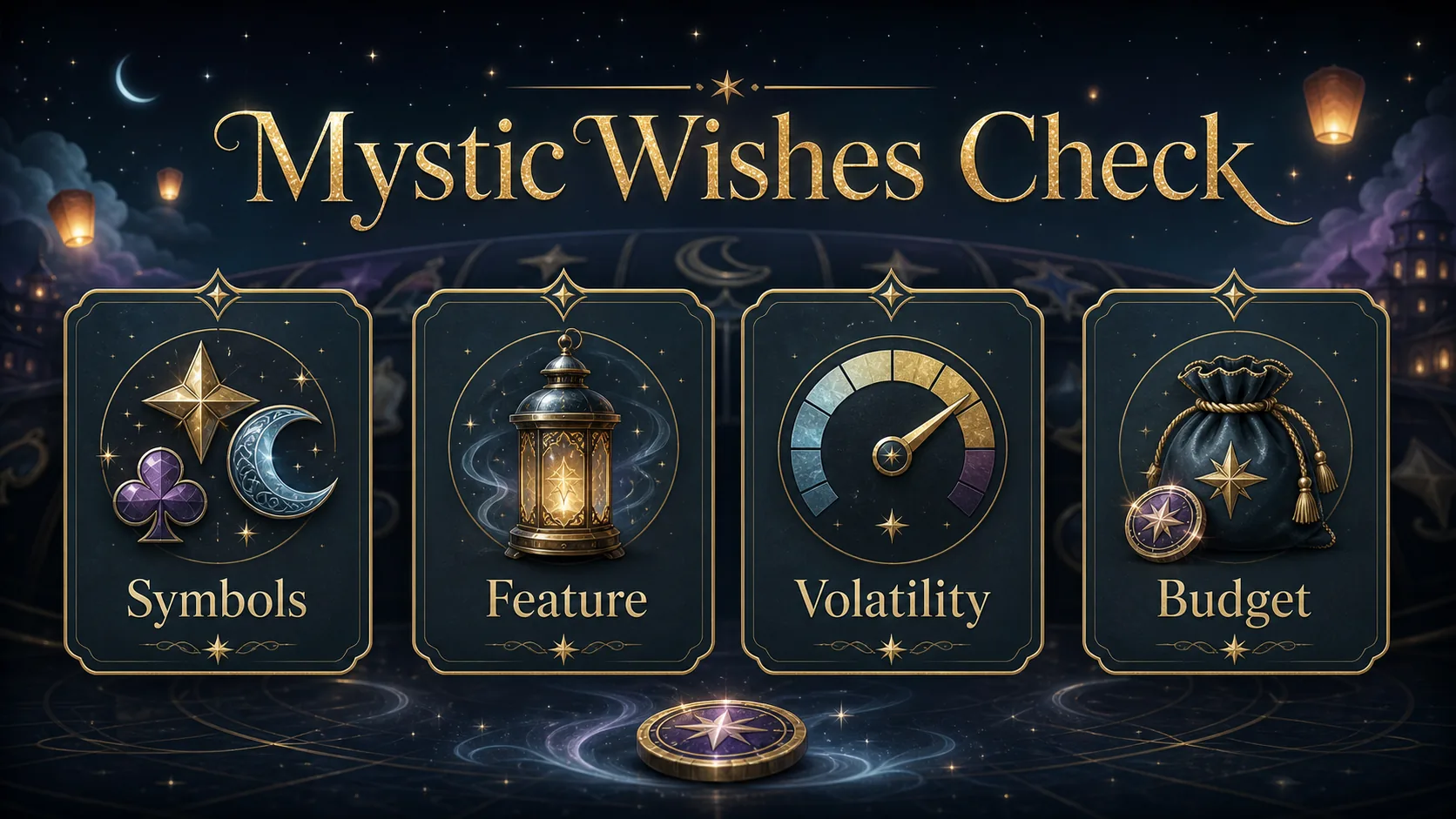PKLIVE Mystic Wishes checklist showing symbols feature volatility and budget checks
