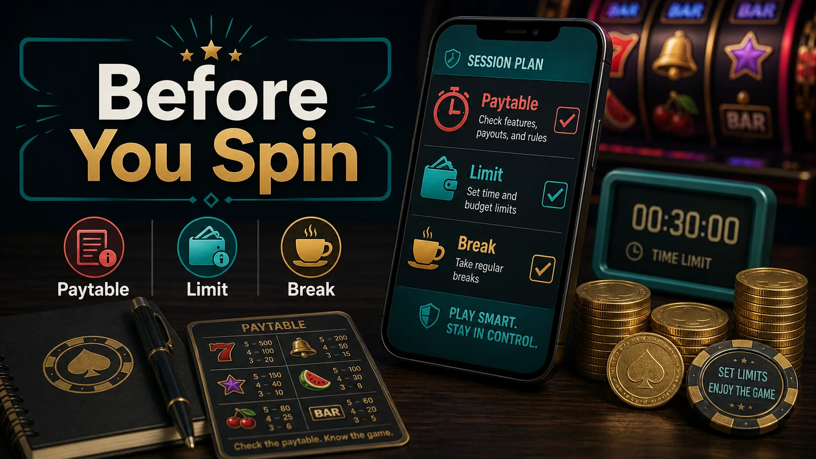 PKLIVE before you spin checklist showing paytable limit and break reminders for PP slots