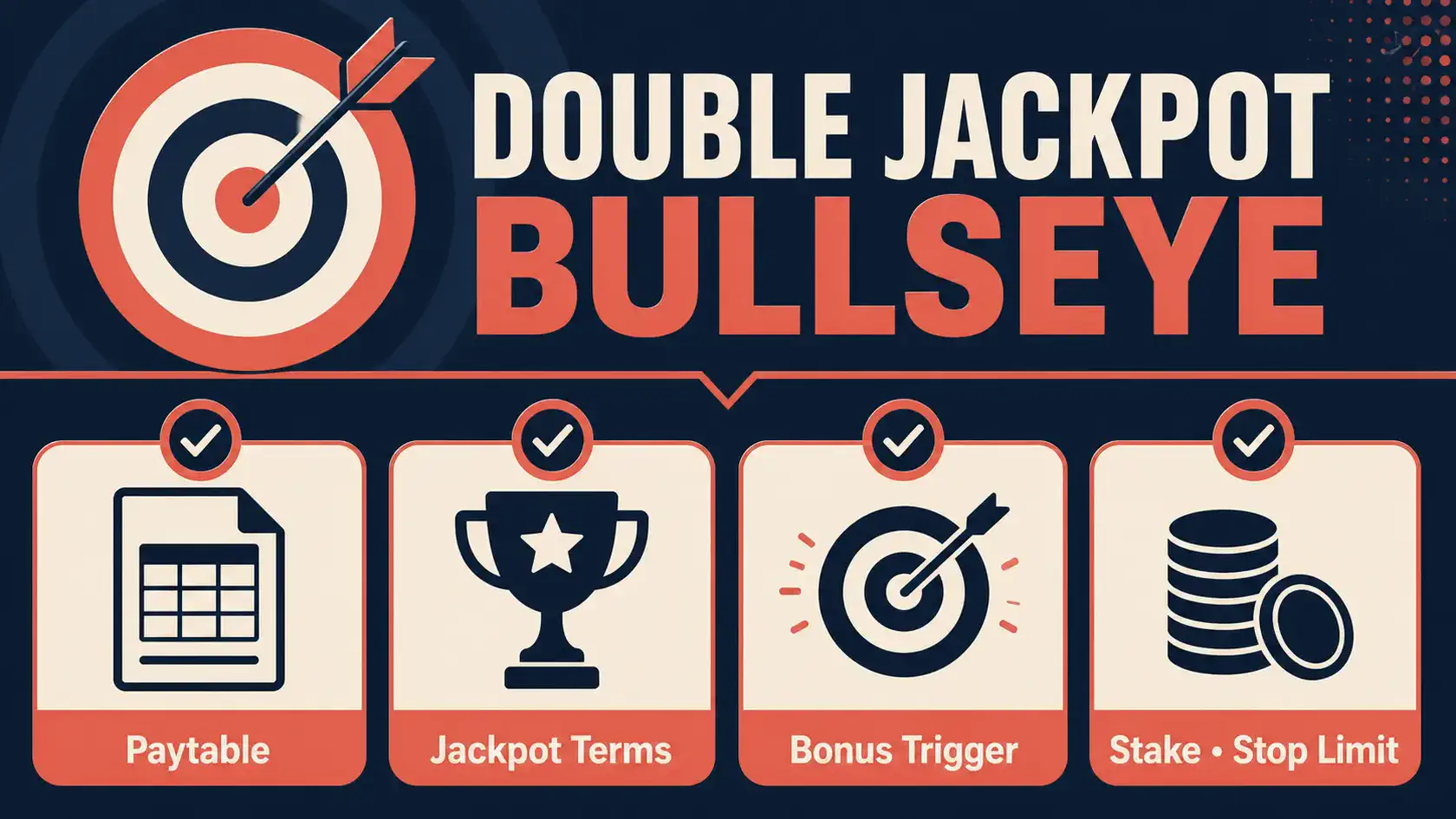 Double Jackpot Bullseye information graphic showing paytable, jackpot terms, bonus trigger, and stake stop limit checks
