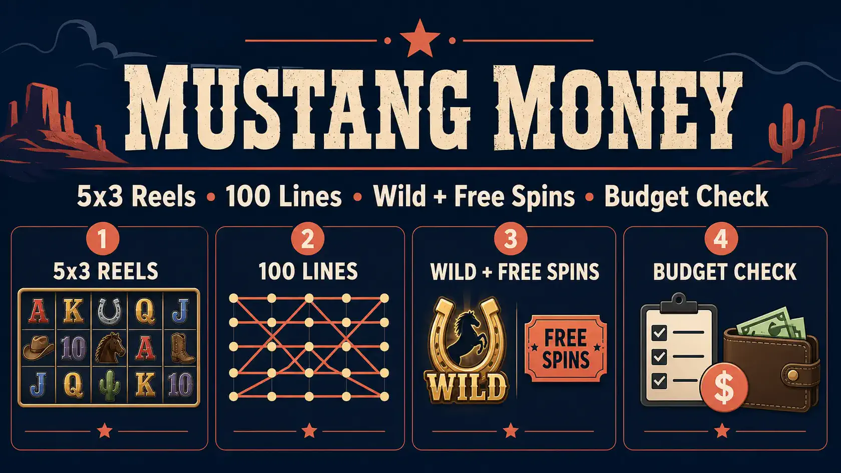 Mustang Money information graphic showing payline setup, wild and scatter rules, volatility, and version checks
