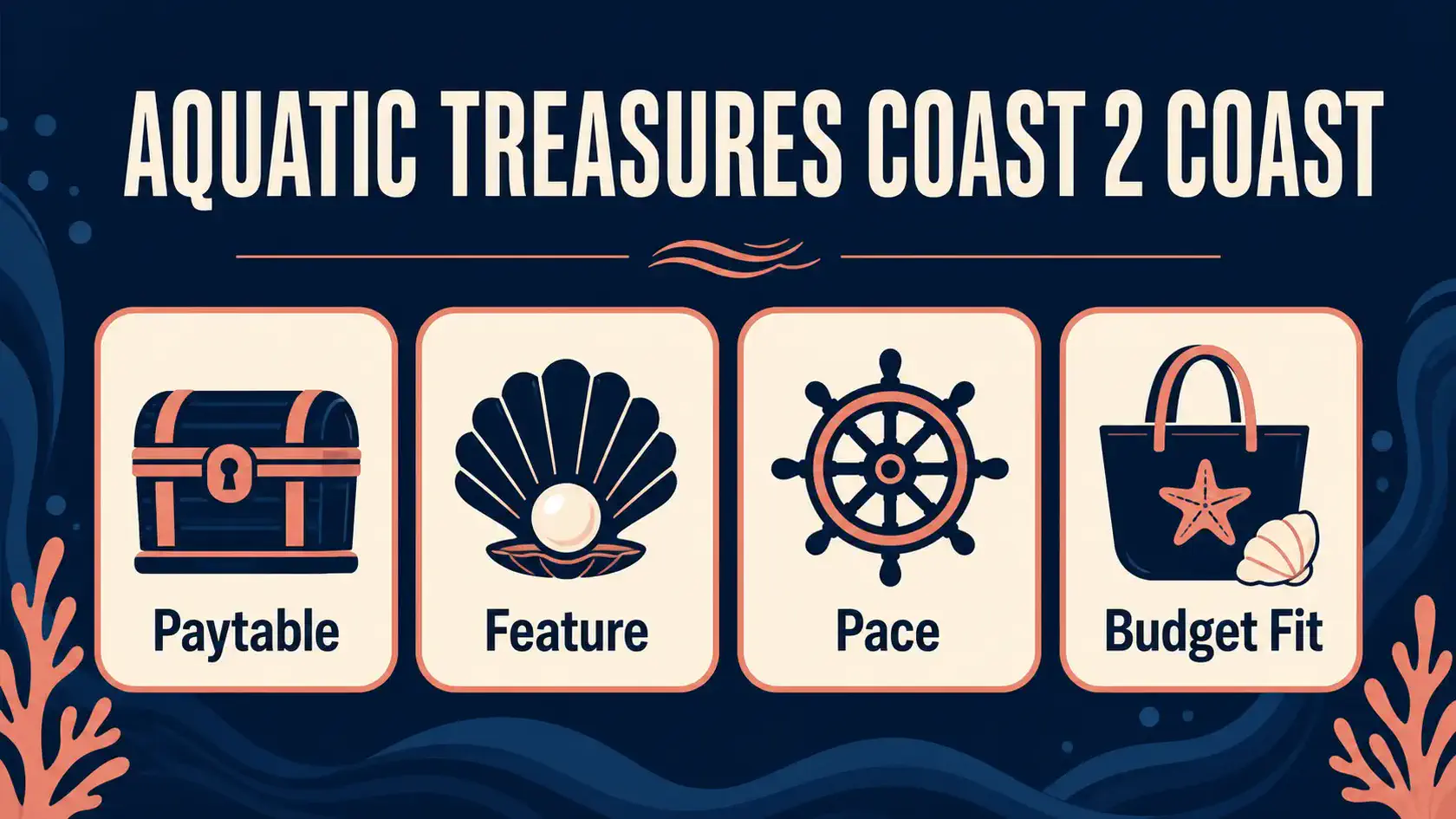 Aquatic Treasures Coast 2 Coast information graphic showing paytable, feature, pace, and budget fit checks