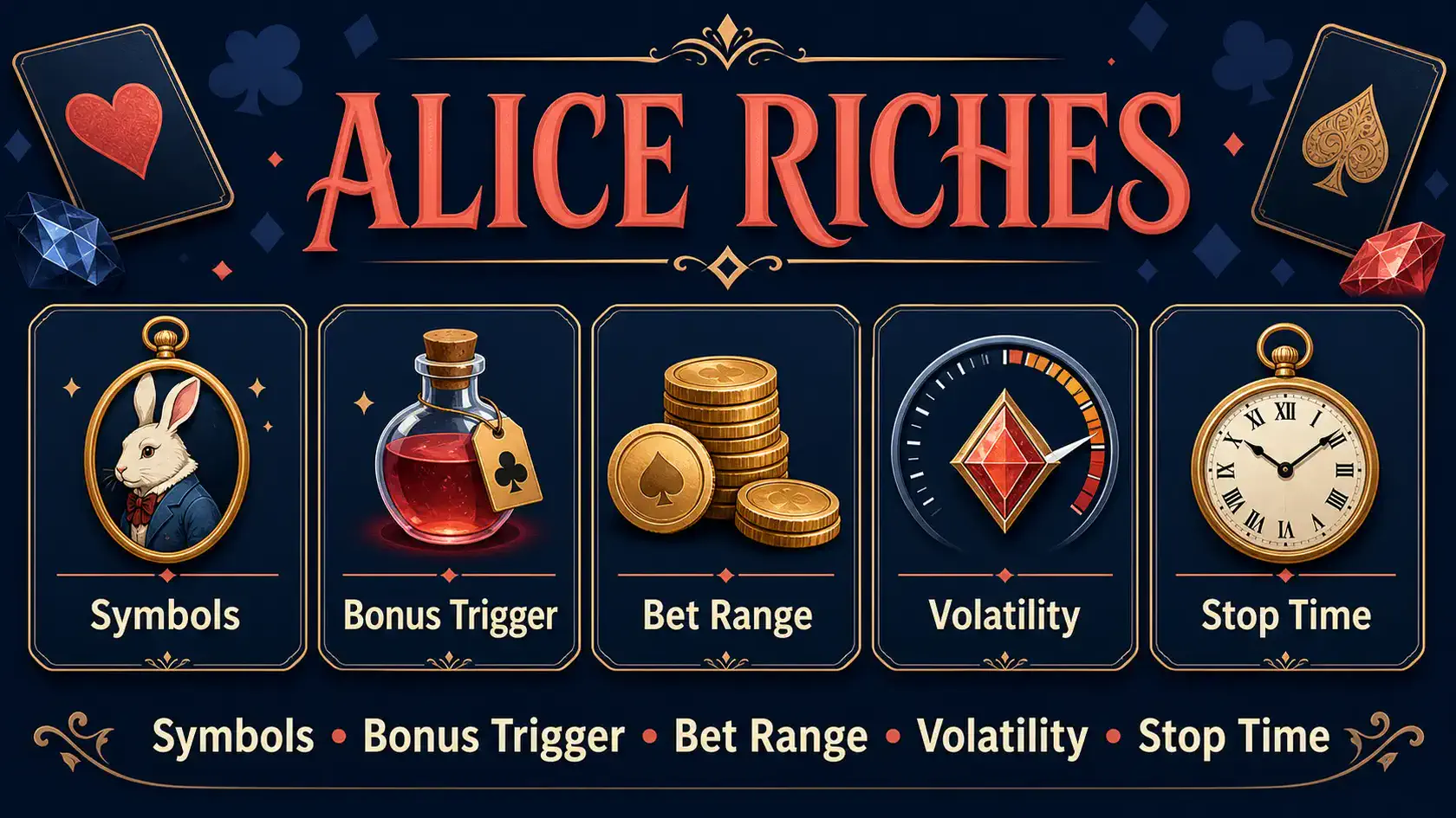 Alice Riches information graphic showing symbols, feature trigger, bet range, and volatility checks