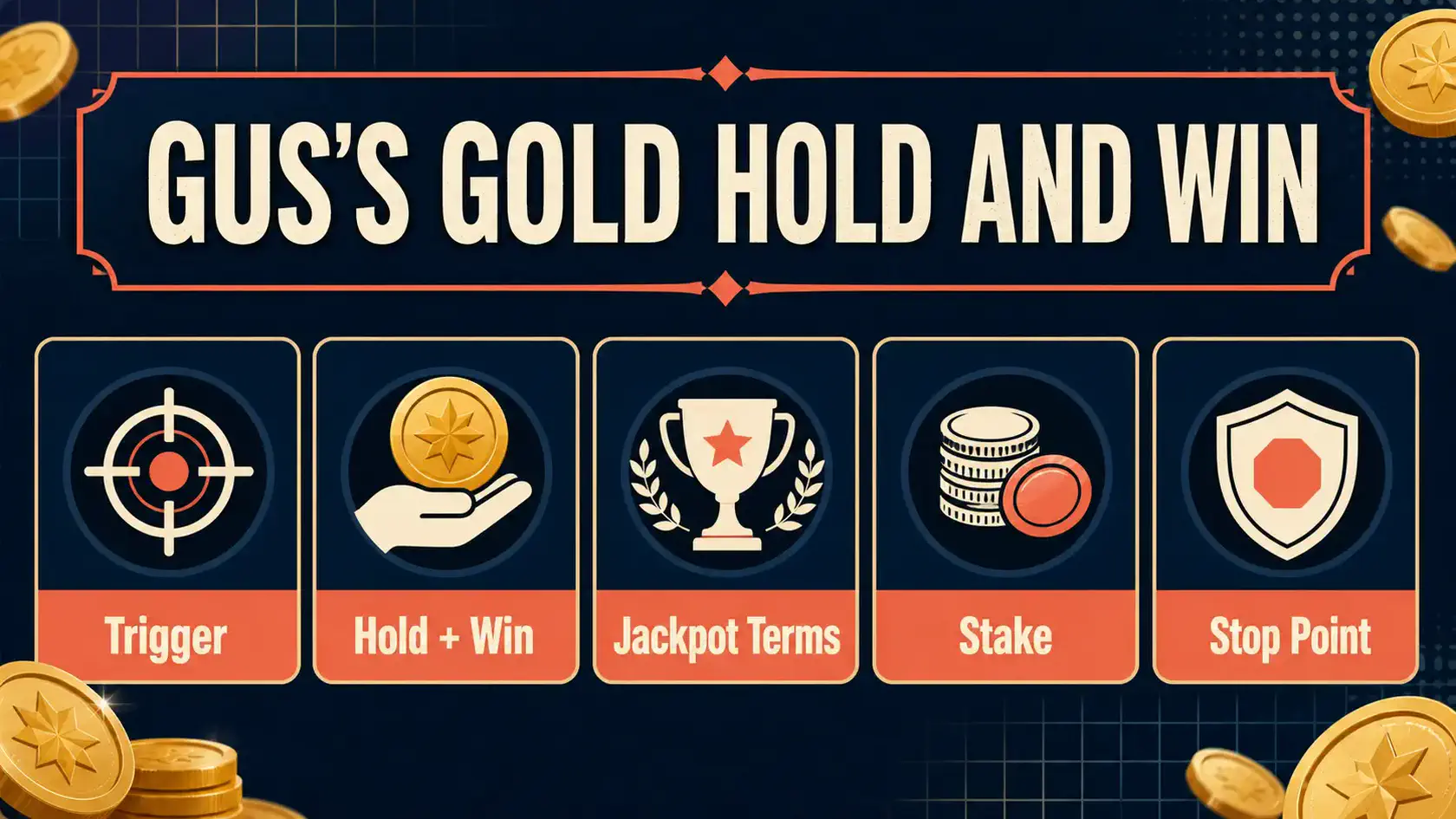 Gus's Gold Hold and Win information graphic showing trigger, hold and win, jackpot terms, stake, and stop point checks